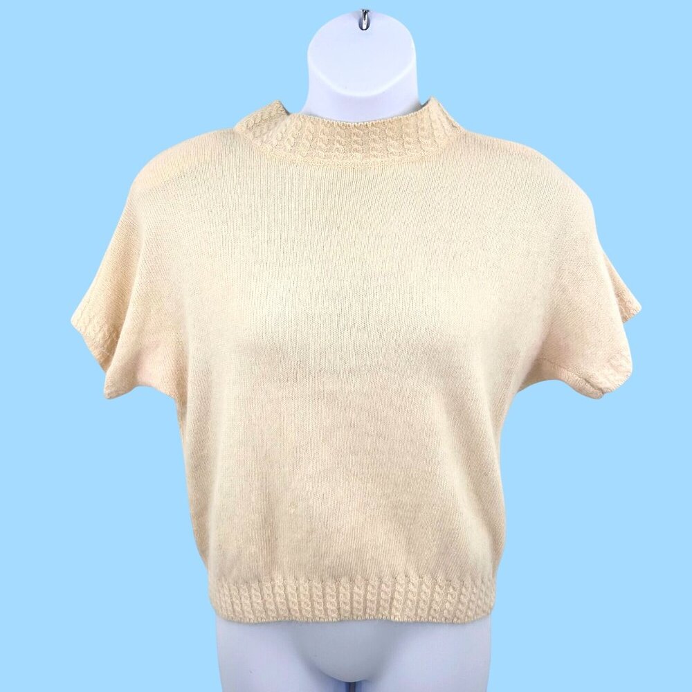 VINTAGE CREAM CHAUS LAMBSWOOL ANGORA SHORT SLEEVE SWEATER TEXTURED HEM & COLLAR